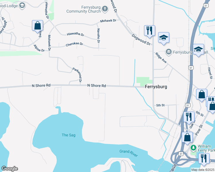 map of restaurants, bars, coffee shops, grocery stores, and more near 17688 North Shore Drive in Spring Lake