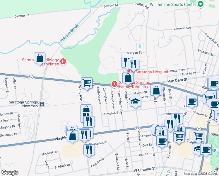 map of restaurants, bars, coffee shops, grocery stores, and more near 67 Newton Avenue in Saratoga Springs
