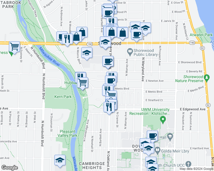 map of restaurants, bars, coffee shops, grocery stores, and more near 3601 North Oakland Avenue in Shorewood