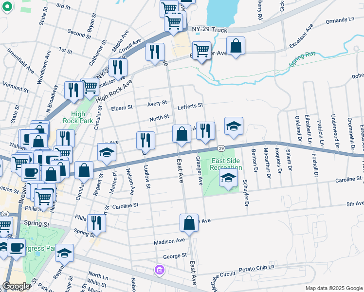 map of restaurants, bars, coffee shops, grocery stores, and more near 164 East Avenue in Saratoga Springs
