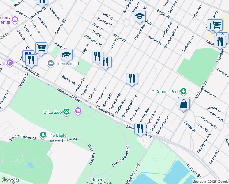 map of restaurants, bars, coffee shops, grocery stores, and more near 1621 Neilson Street in Utica