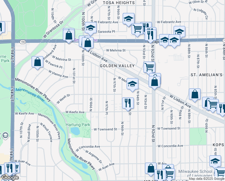 map of restaurants, bars, coffee shops, grocery stores, and more near 3715 North 97th Street in Milwaukee