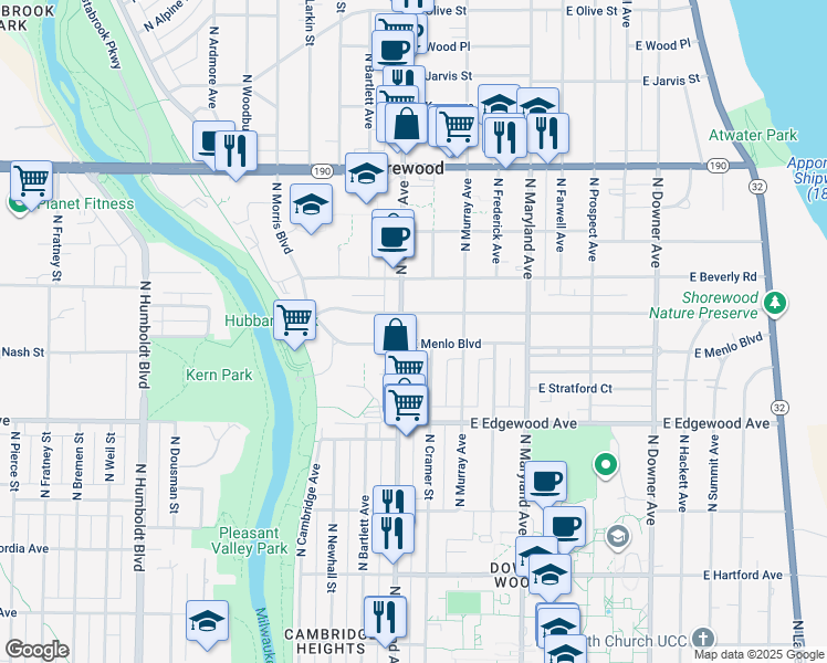 map of restaurants, bars, coffee shops, grocery stores, and more near 1824 East Menlo Boulevard in Shorewood