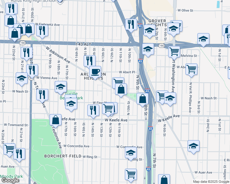 map of restaurants, bars, coffee shops, grocery stores, and more near 1123 West Atkinson Avenue in Milwaukee