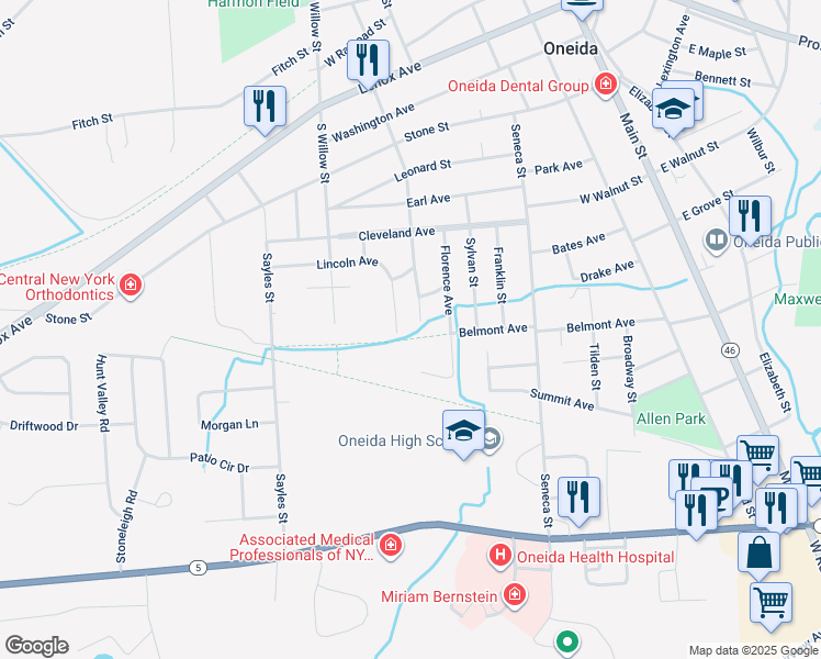 map of restaurants, bars, coffee shops, grocery stores, and more near 447 Oxford Street in Oneida