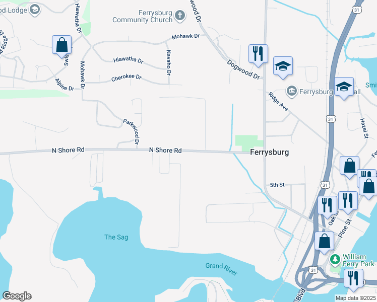 map of restaurants, bars, coffee shops, grocery stores, and more near 17688 North Shore Drive in Spring Lake