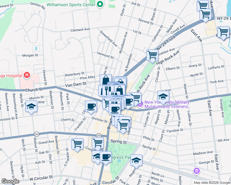 map of restaurants, bars, coffee shops, grocery stores, and more near 509 Broadway in Saratoga Springs