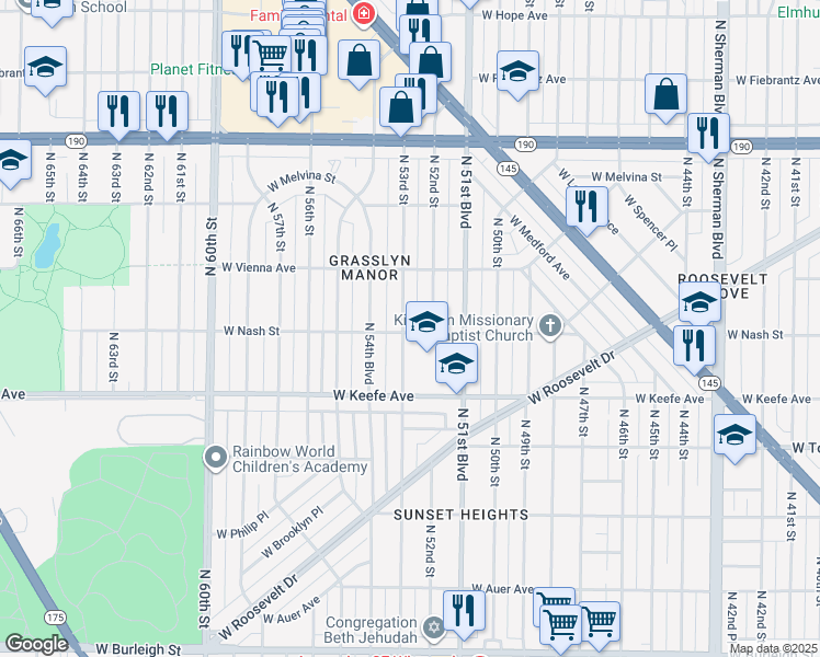 map of restaurants, bars, coffee shops, grocery stores, and more near 3702 North 53rd Street in Milwaukee