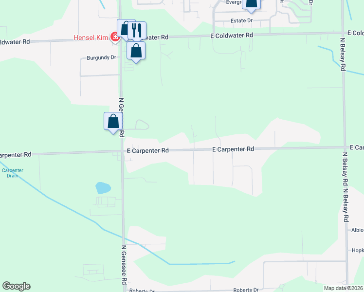 map of restaurants, bars, coffee shops, grocery stores, and more near 5137 East Carpenter Road in Flint
