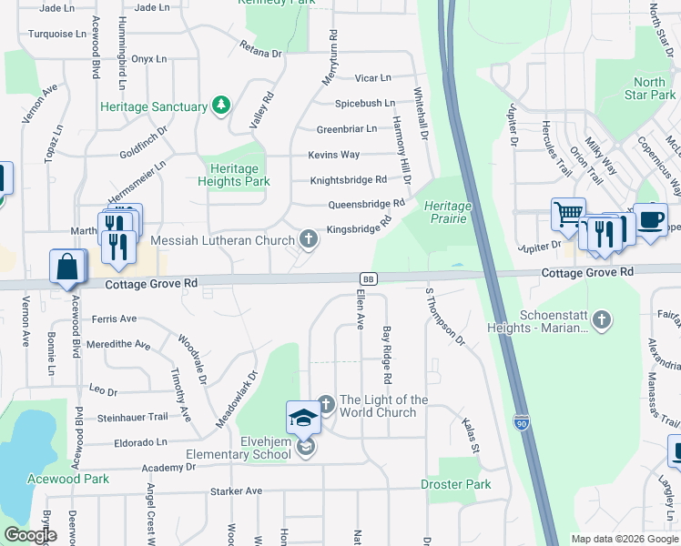 map of restaurants, bars, coffee shops, grocery stores, and more near 5218 County Road BB in Madison