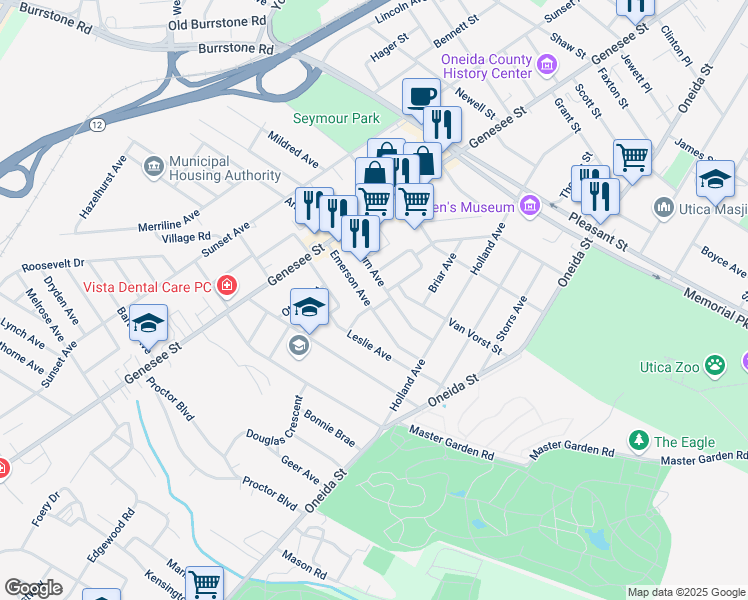 map of restaurants, bars, coffee shops, grocery stores, and more near 42 Auburn Avenue in Utica