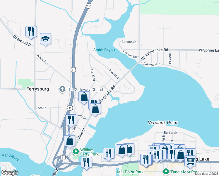 map of restaurants, bars, coffee shops, grocery stores, and more near 16827 West Spring Lake Road in Spring Lake