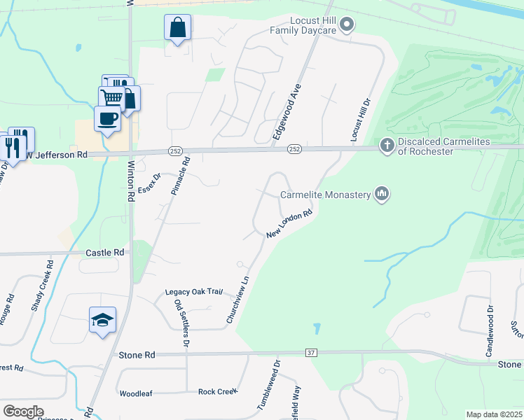 map of restaurants, bars, coffee shops, grocery stores, and more near 136 New Tudor Road in Pittsford