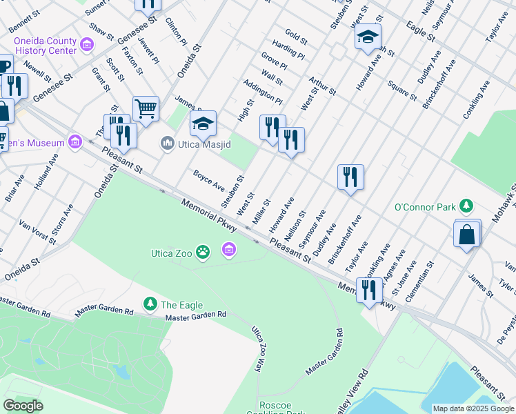 map of restaurants, bars, coffee shops, grocery stores, and more near 1656 Miller St in Utica