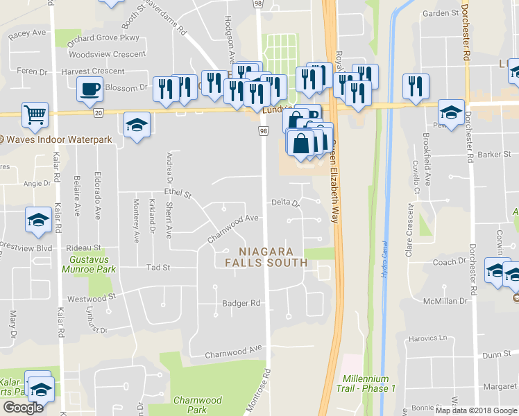 map of restaurants, bars, coffee shops, grocery stores, and more near 6223 Montrose Road in Niagara Falls