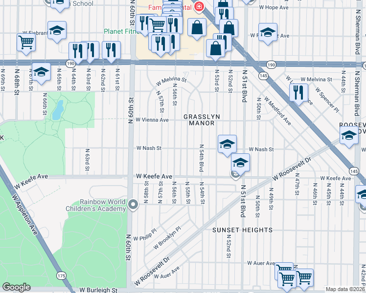 map of restaurants, bars, coffee shops, grocery stores, and more near 5500 West Nash Street in Milwaukee