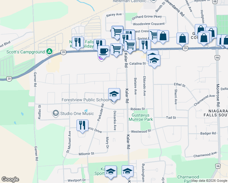 map of restaurants, bars, coffee shops, grocery stores, and more near in Niagara Falls
