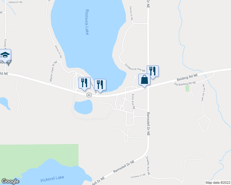 map of restaurants, bars, coffee shops, grocery stores, and more near 8587 Belding Road Northeast in Rockford