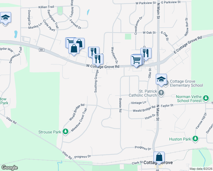 map of restaurants, bars, coffee shops, grocery stores, and more near 400 Tyanna Ct in Cottage Grove