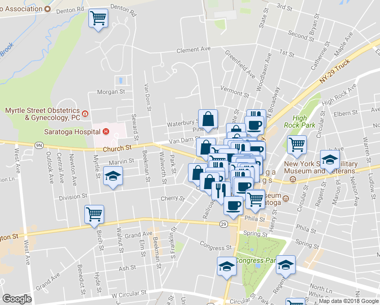 map of restaurants, bars, coffee shops, grocery stores, and more near 99 Church Street in Saratoga Springs