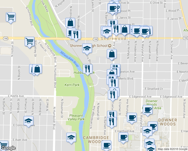 map of restaurants, bars, coffee shops, grocery stores, and more near 3621 North Morris Boulevard in Shorewood