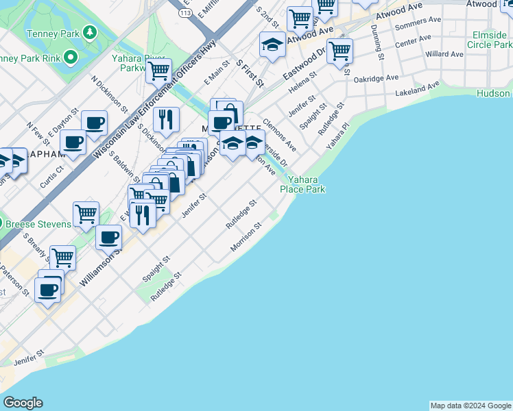 map of restaurants, bars, coffee shops, grocery stores, and more near 1439 Rutledge Street in Madison
