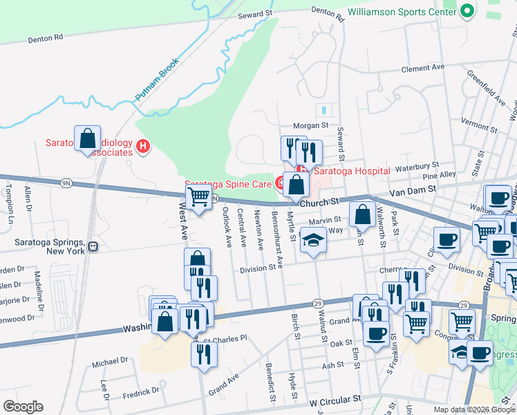 map of restaurants, bars, coffee shops, grocery stores, and more near 288 Church Street in Saratoga Springs