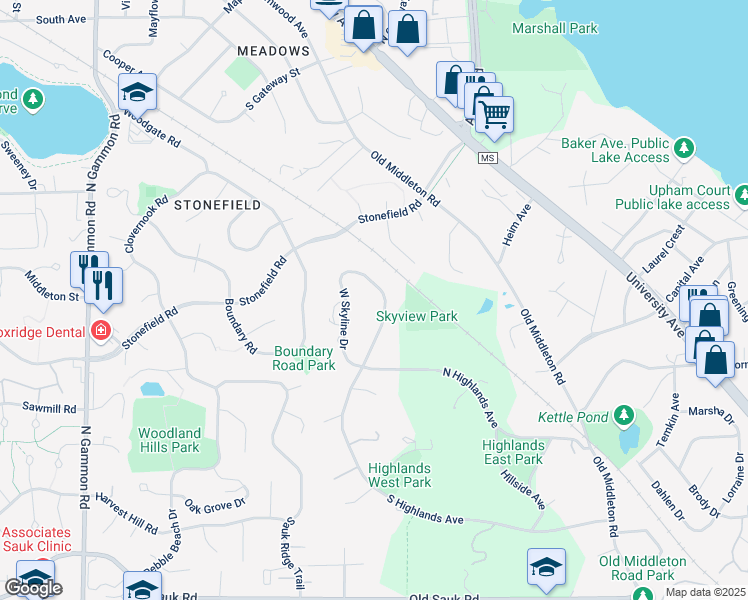 map of restaurants, bars, coffee shops, grocery stores, and more near 1426 E Skyline Dr in Madison