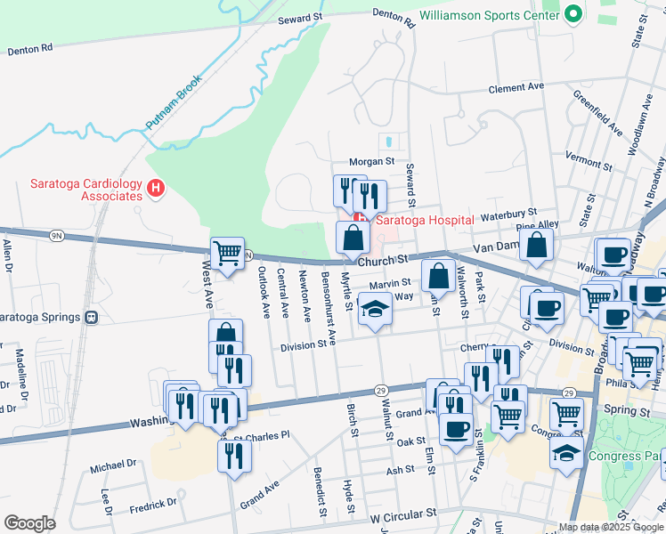 map of restaurants, bars, coffee shops, grocery stores, and more near 264 Church Street in Saratoga Springs