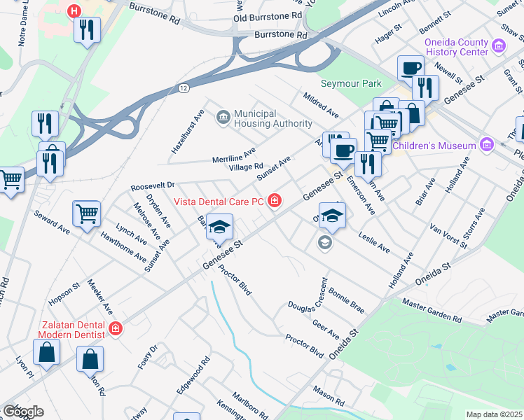 map of restaurants, bars, coffee shops, grocery stores, and more near 2202 Genesee Street in Utica