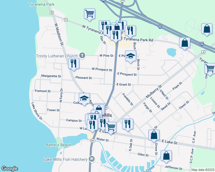 map of restaurants, bars, coffee shops, grocery stores, and more near 112 West Grant Street in Lake Mills