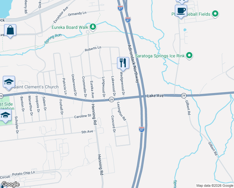 map of restaurants, bars, coffee shops, grocery stores, and more near 4 Lakewood Drive in Saratoga Springs