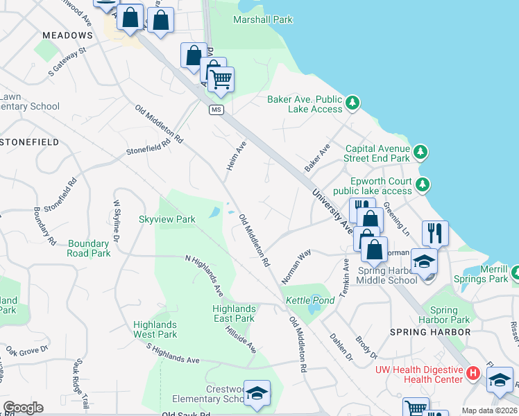map of restaurants, bars, coffee shops, grocery stores, and more near 5825 Julia Street in Madison