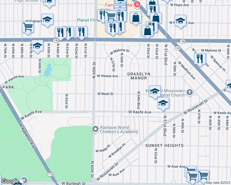 map of restaurants, bars, coffee shops, grocery stores, and more near 5626 West Nash Street in Milwaukee