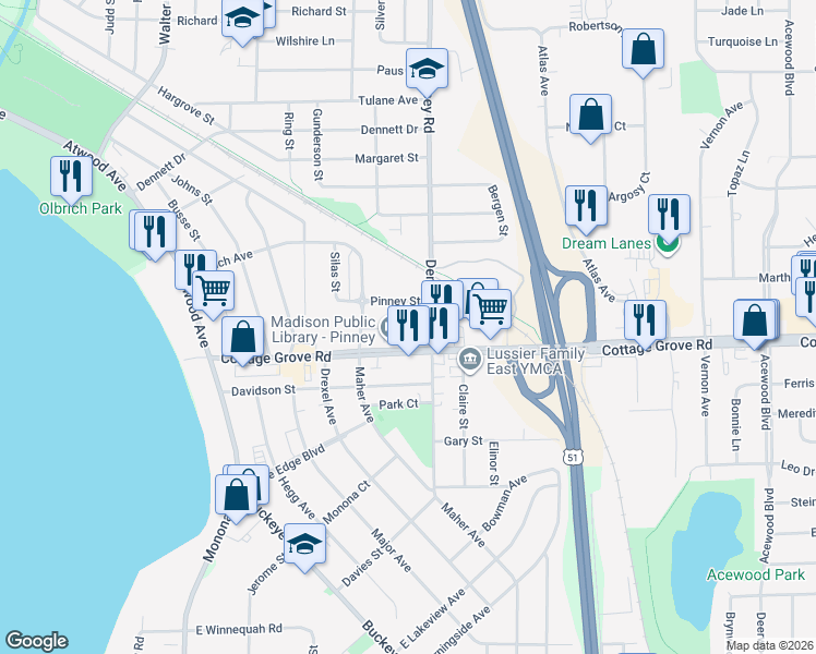 map of restaurants, bars, coffee shops, grocery stores, and more near 523 Grand Oak Trail in Madison