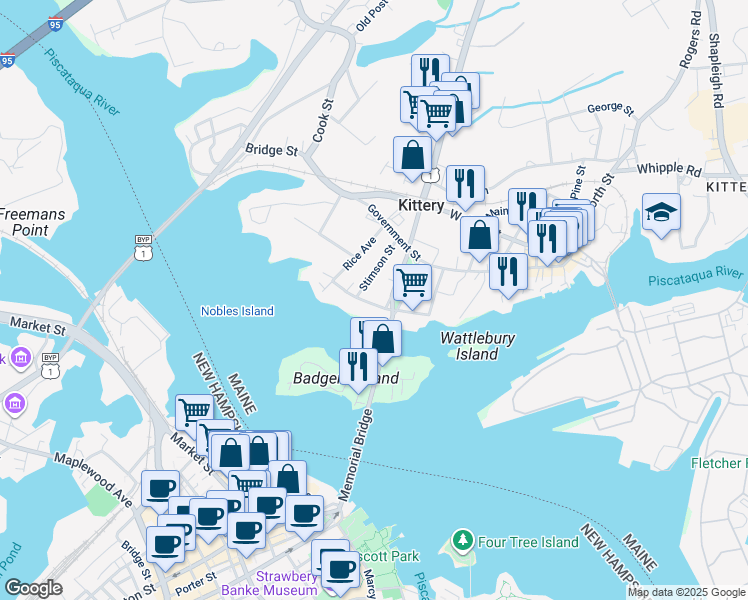 map of restaurants, bars, coffee shops, grocery stores, and more near 8 Water Street in Kittery