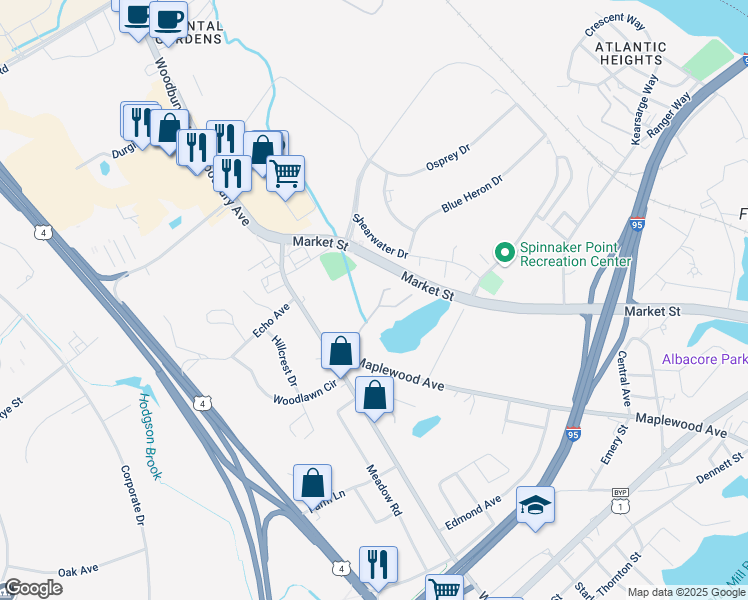 map of restaurants, bars, coffee shops, grocery stores, and more near Market St in Portsmouth
