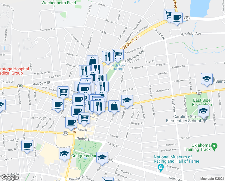 map of restaurants, bars, coffee shops, grocery stores, and more near 128 Henry Street in Saratoga Springs