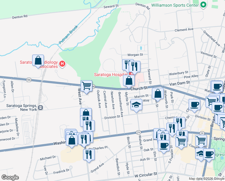 map of restaurants, bars, coffee shops, grocery stores, and more near 288 Church Street in Saratoga Springs