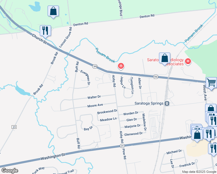map of restaurants, bars, coffee shops, grocery stores, and more near 9 Kirby Road in Saratoga Springs