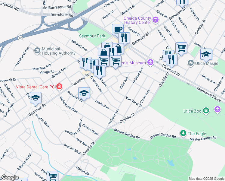 map of restaurants, bars, coffee shops, grocery stores, and more near 13 Van Vorst Street in Utica