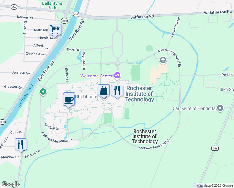 map of restaurants, bars, coffee shops, grocery stores, and more near 82 Lomb Memorial Drive in Rochester