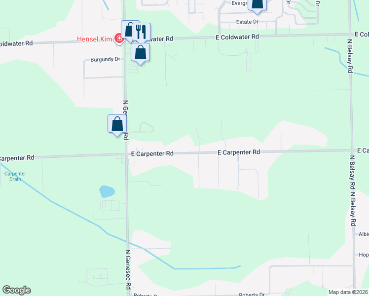map of restaurants, bars, coffee shops, grocery stores, and more near 5137 East Carpenter Road in Flint