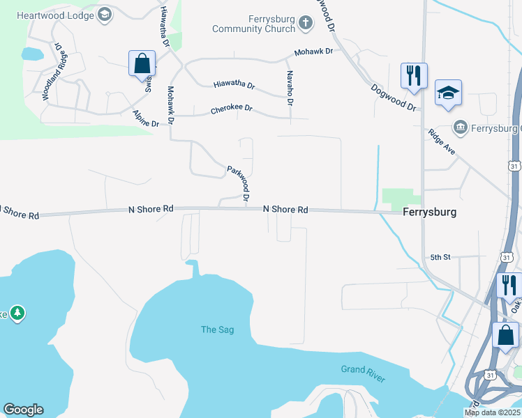 map of restaurants, bars, coffee shops, grocery stores, and more near 17838 North Shore Drive in Spring Lake