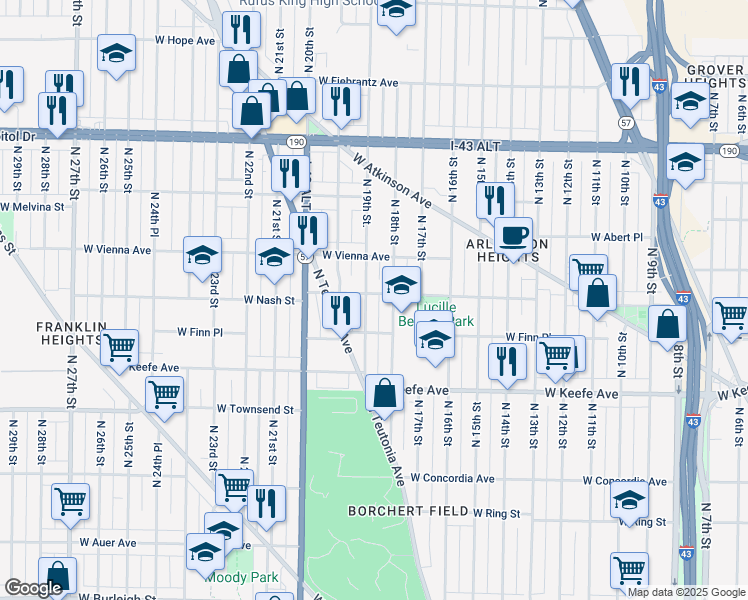 map of restaurants, bars, coffee shops, grocery stores, and more near 3636 North 19th Street in Milwaukee