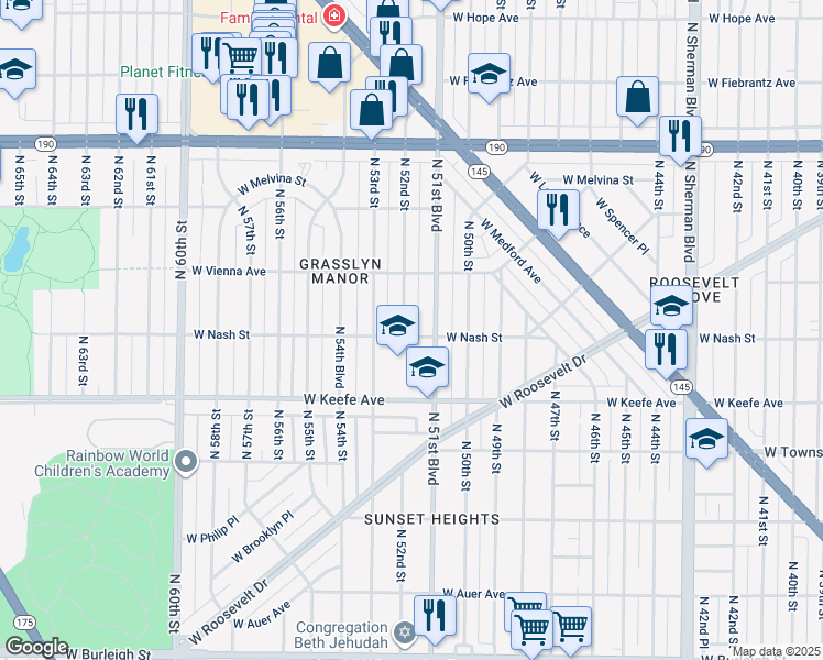 map of restaurants, bars, coffee shops, grocery stores, and more near 3700 North 52nd Street in Milwaukee