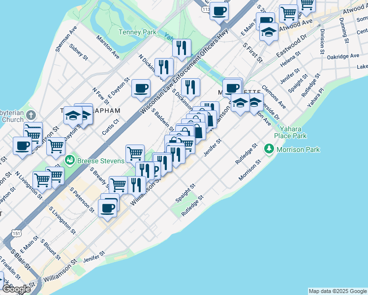 map of restaurants, bars, coffee shops, grocery stores, and more near 1301 Williamson Street in Madison