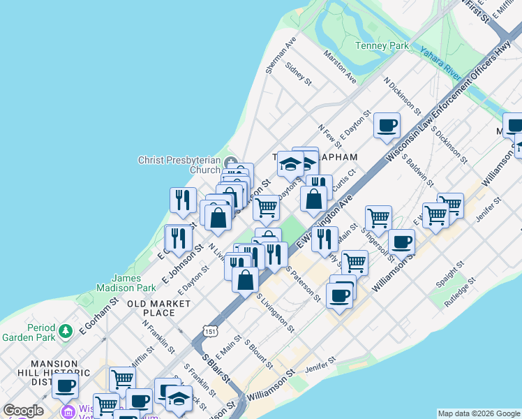 map of restaurants, bars, coffee shops, grocery stores, and more near 930 East Dayton Street in Madison