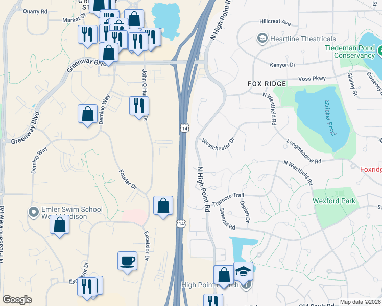 map of restaurants, bars, coffee shops, grocery stores, and more near 1209 North High Point Road in Middleton