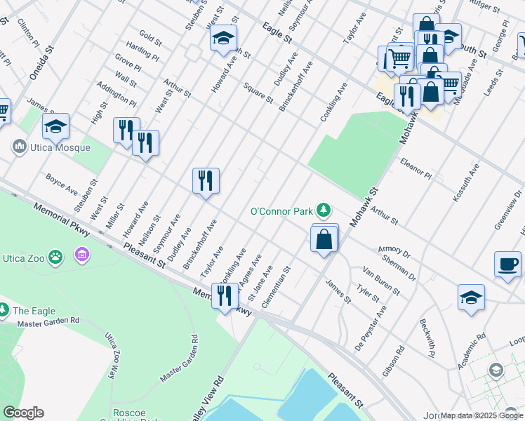 map of restaurants, bars, coffee shops, grocery stores, and more near 1544 Conkling Avenue in Utica